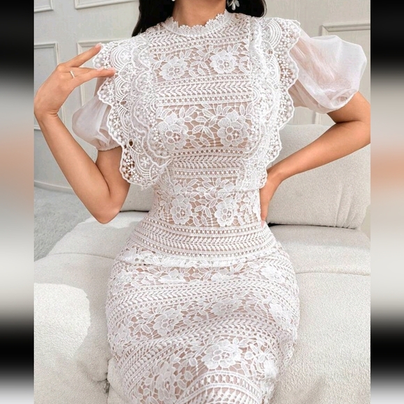 Guipure Lace Puff Sleeve Split Back Dress Long Evening Dresses - Picture 1 of 5